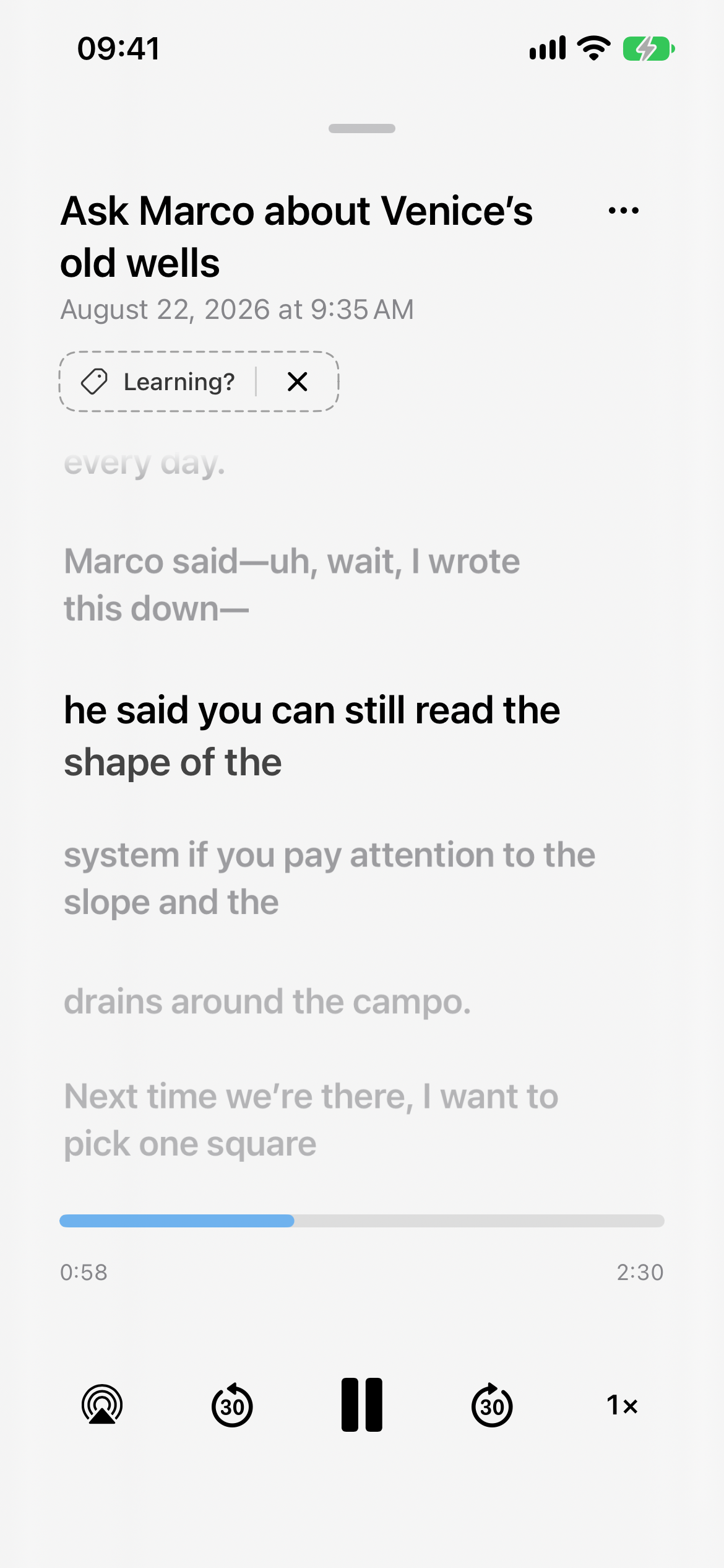 Attimo's player at 58 seconds of a two-and-a-half-minute Venice Moment, with the current passage emphasized in its scrolling transcript
